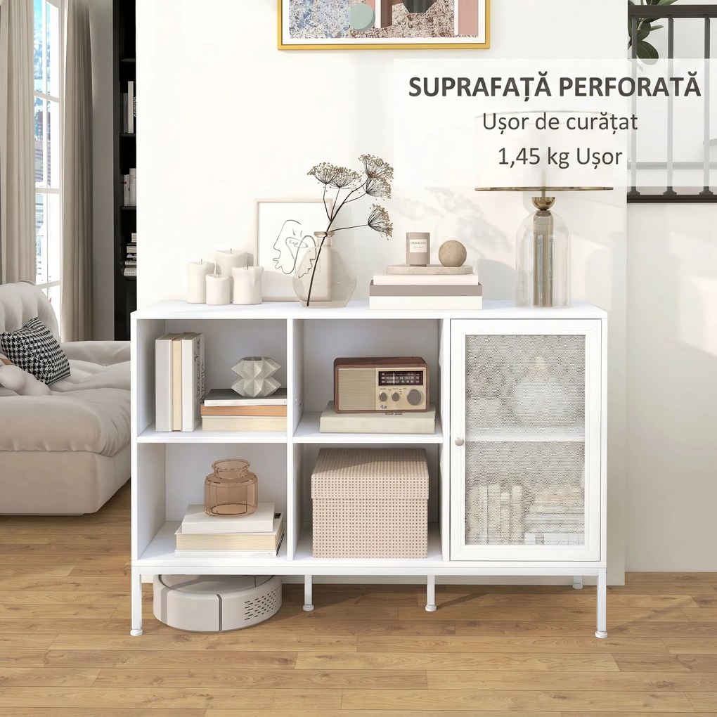 HOMCOM Dulap Modern de Depozitare cu Ușă din Plasă, 4 Compartimente Deschise și Raft Reglabil, 120x37x81.5 cm, Alb | Aosom Romania