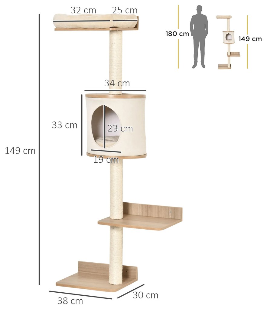 PawHut Copac pentru Pisici de Perete 38x30x149 cm cu Multiple Platforme din Lemn Vizuini Pat Superior Pernă Detașabilă Stâlpi Zgârietoare din Sisal Turn de Cățărat Bej și Stejar | Aosom Romania