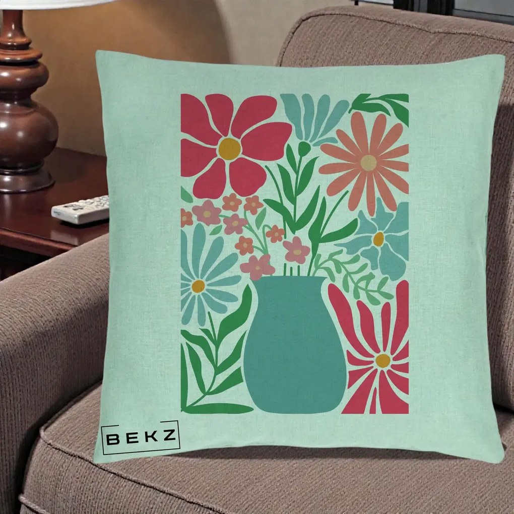 Perna Decorativa Flori in Vaza Turcoaz, 40x40 cm, Verde Menta, Husa Detasabila, Perna Inclusa, BEKZ®