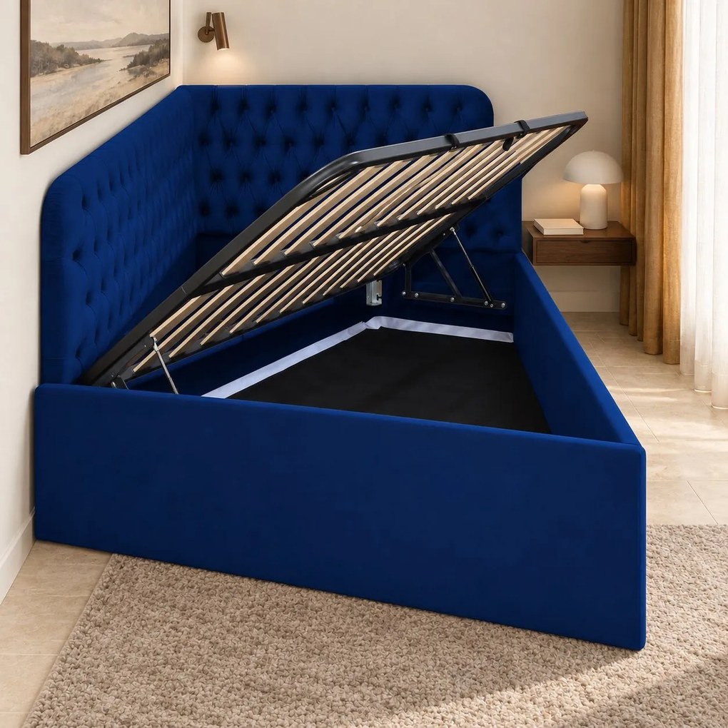 Pat tapițat pentru copii din catifea Elyra 140×200 cm, bleumarin, colț stânga, cu ladă de depozitare