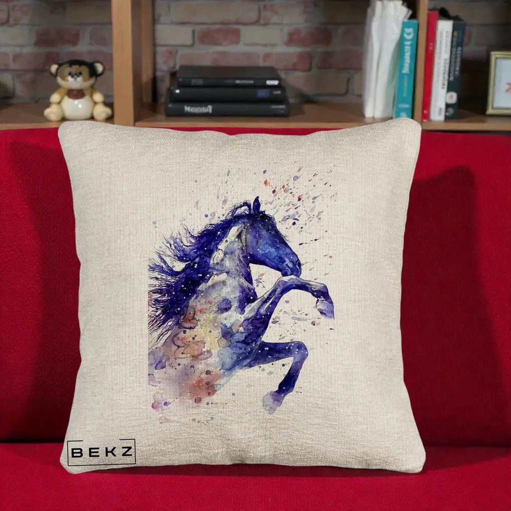 Perna Decorativa Cal Albastru Acuarela, 40x40 cm, Bej Canapea, Husa Detasabila, Perna Inclusa, BEKZ®