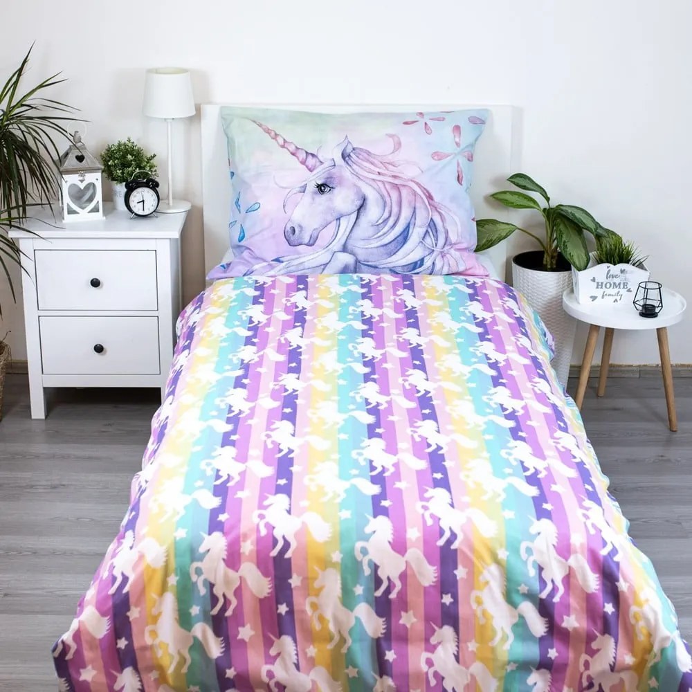 Lenjerie de pat pentru copii din bumbac pentru pat de o persoană 140x200 cm Unicorn "Pastel Rainbow" – Jerry Fabrics