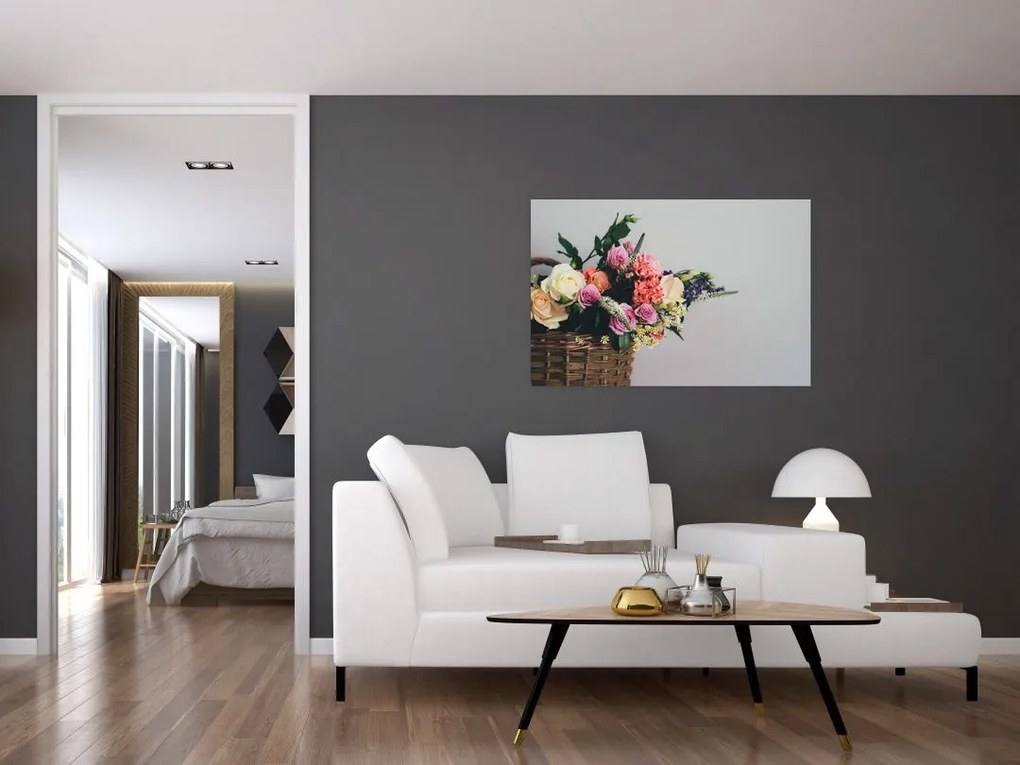 Tablou cu coș și flori (90x60 cm)