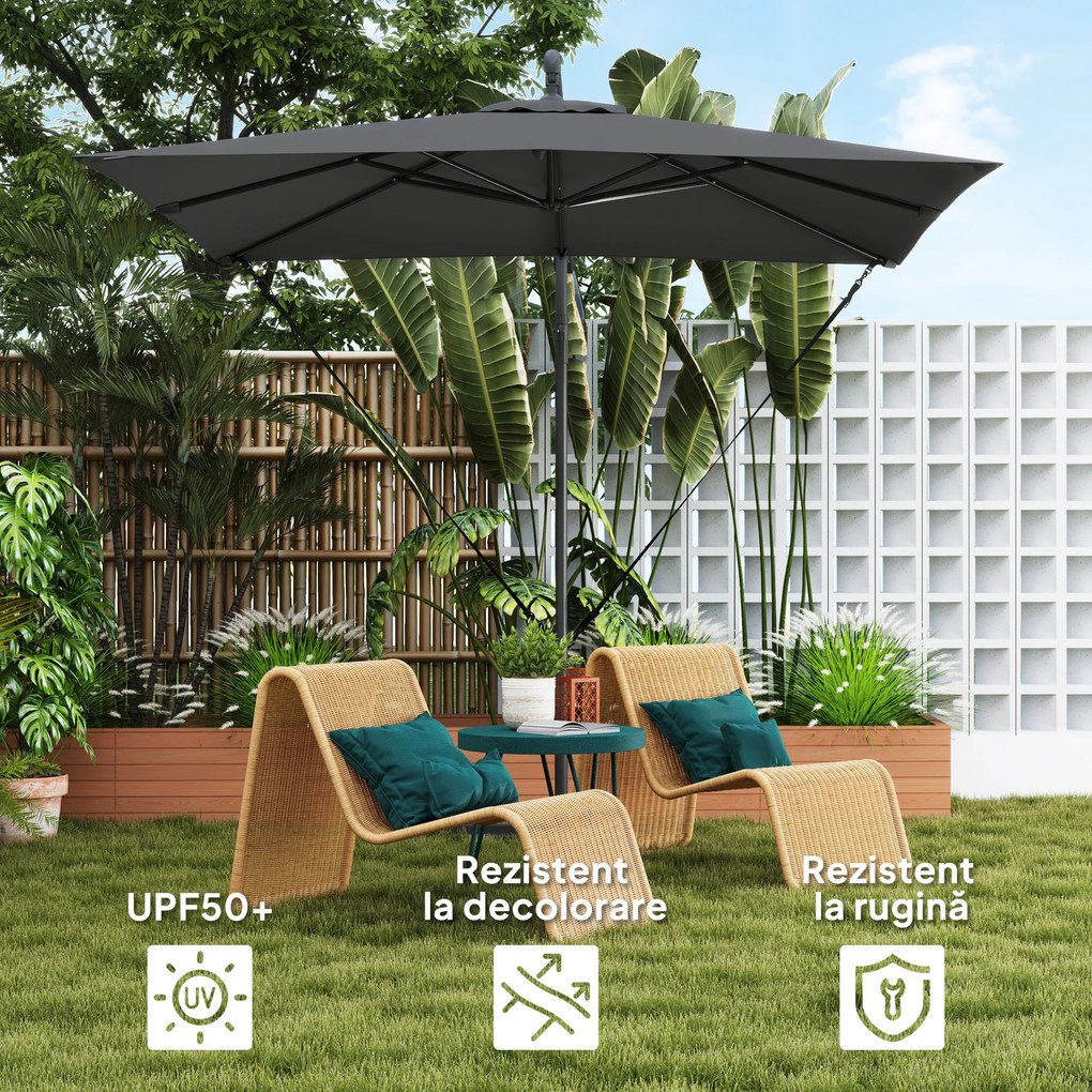 Outsunny Umbrelă de Grădină Suspendată 2.47x2.47 m, Umbrelă de Exterior cu Bază în Cruce, Corzi Antivânt, Gri Închis | Aosom Romania