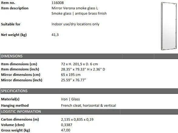 Oglinda decorativa LUX Verona L, alama antica 72x201cm 116008 HZ