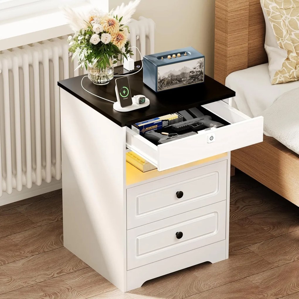NOA73 - Set 2x Noptiere 43 cm, cu 3 sertare si raft, Priza, USB si Blocare cu Amprenta, dormitor - Alb - Negru