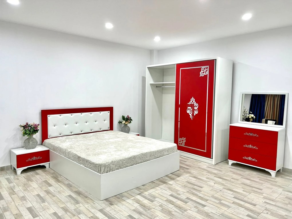 Dormitor Milano, culoare alb / rosu, cu pat tapitat 160 x 200 cm, dulap cu 2 usi, comoda cu oglinda, 2 noptiere