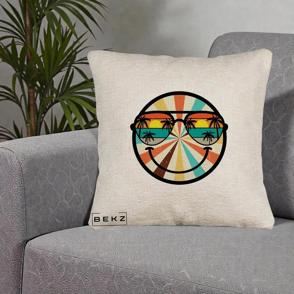 Perna Decorativa Smiley Face Retro Sunset Palmieri, 40x40 cm, Bej Canapea, Husa Detasabila, Perna Inclusa, BEKZ®