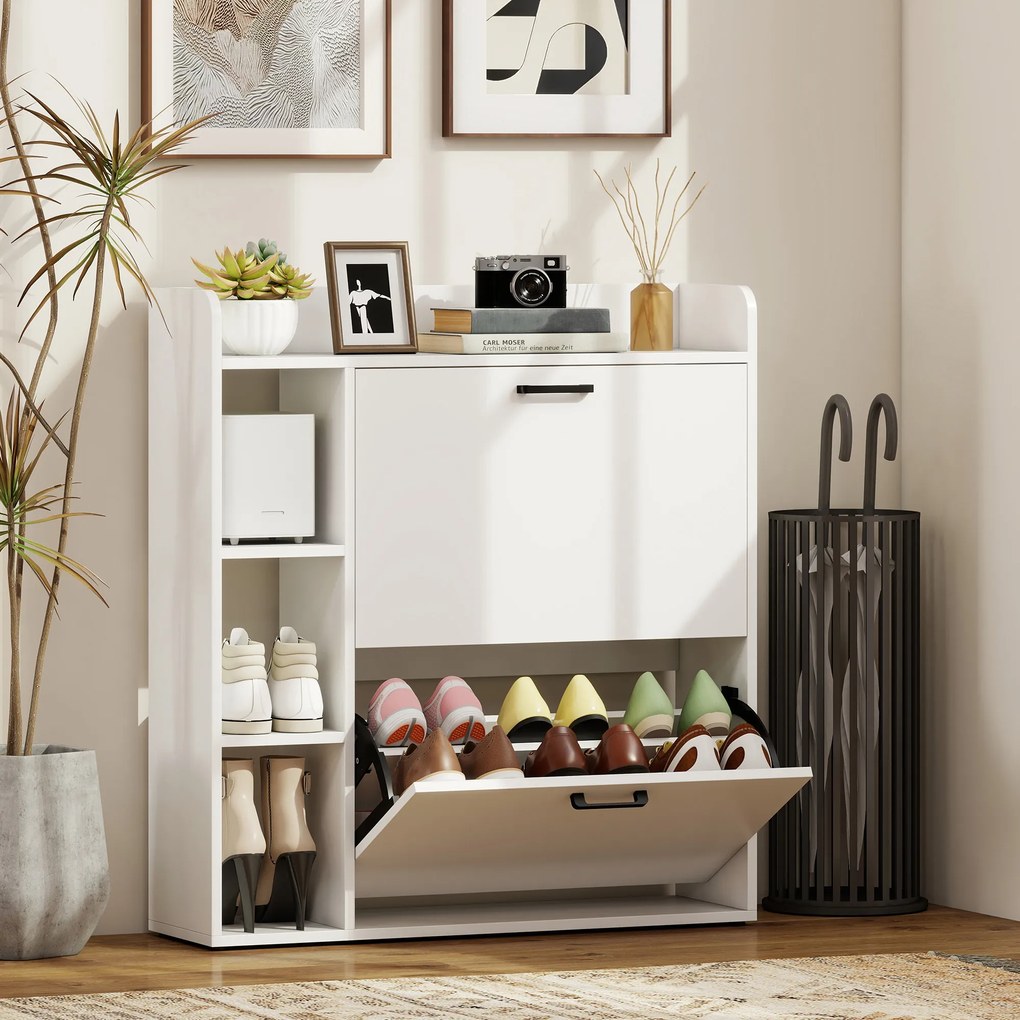 HOMCOM Dulap pentru pantofi slim cu 2 sertare rabatabile și 3 rafturi, Capacitate 15 perechi, 83x24x90.5 cm, Alb | Aosom Romania