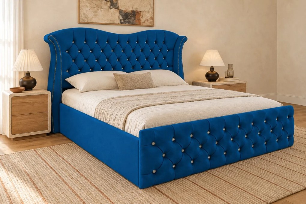 Pat tapițat Chesterfield Avella 160×200 cm, albastru, cu ladă de depozitare