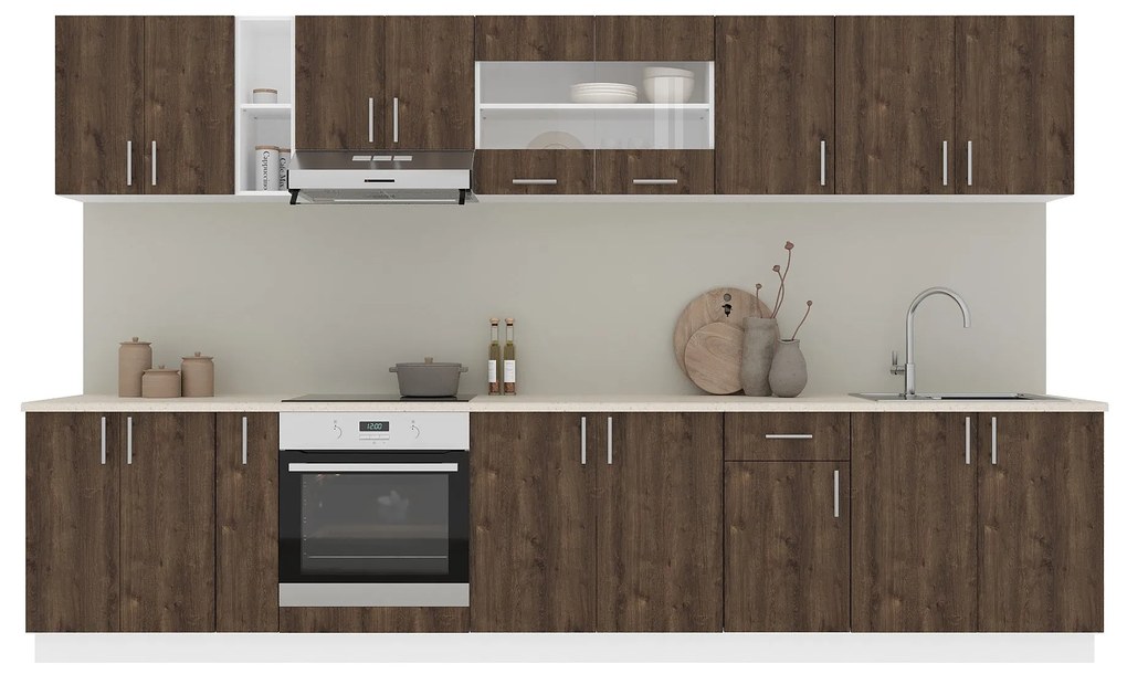 Set Bucatarie Karo V32, Stejar Bronz/Alb, Blat Thermo 28 mm, L 340 cm