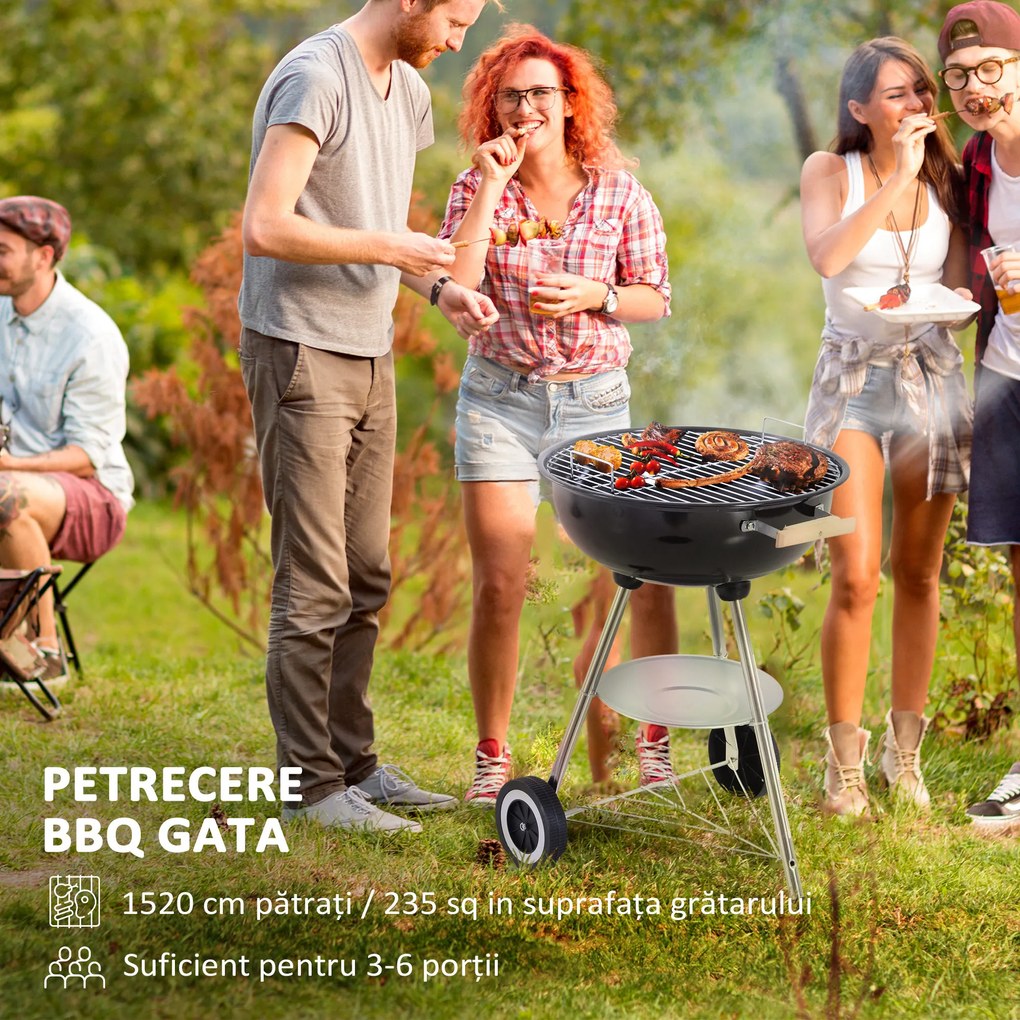 Outsunny Grătar cu Cărbuni, Grilaj Metalic, Capac, Orificii de Aerisire, Roți, Raft și Mâner, 48x56x94 cm, Negru | Aosom Romania