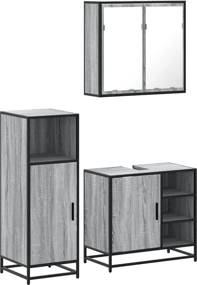 vidaXL Set mobilier de baie, 3 piese, gri sonoma, lemn prelucrat