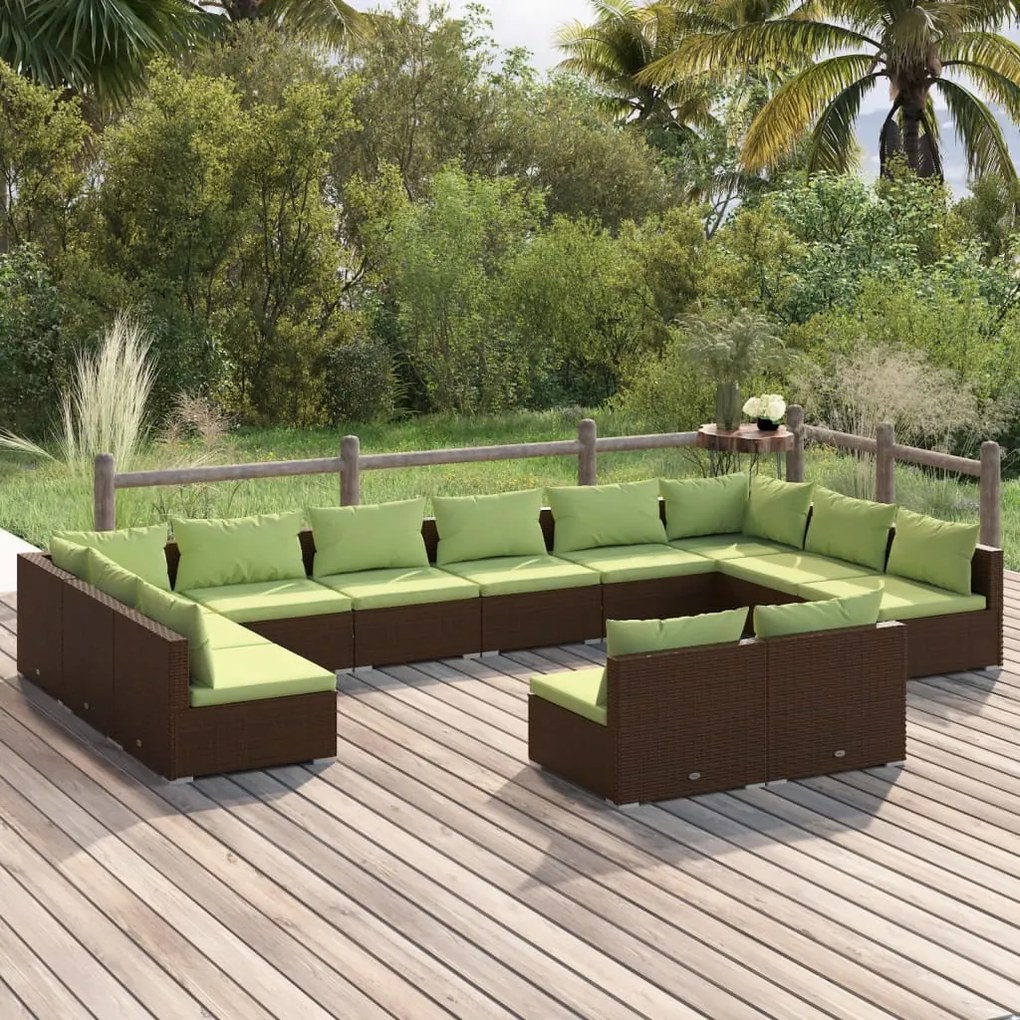 Set mobilier de gradina cu perne, 12 piese, maro, poliratan maro si verde, 2x colt + 10x mijloc, 1