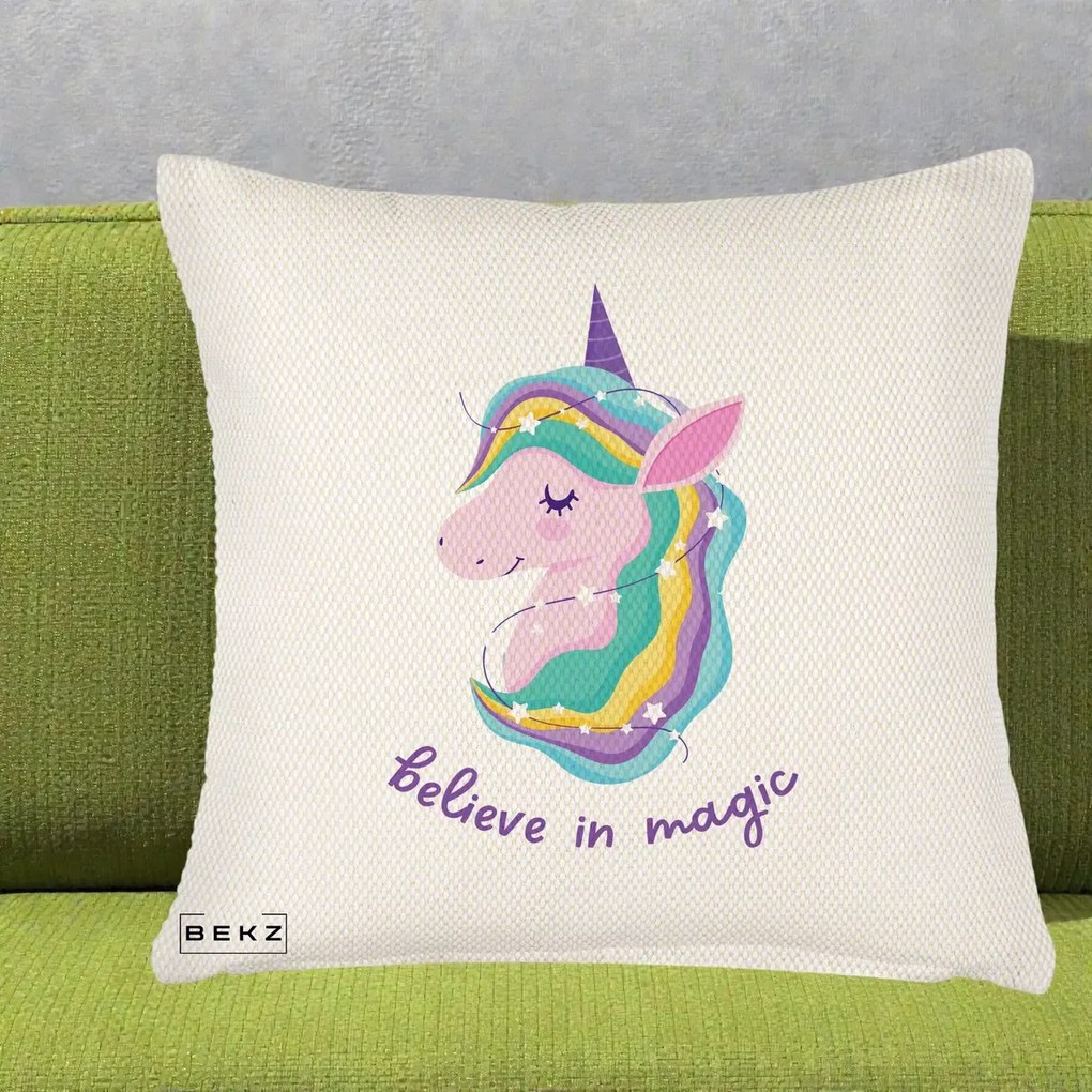 Perna Decorativa Unicorn Believe in Magic, 40x40 cm, Crem Reliefat, Husa Detasabila, Perna Inclusa, BEKZ®