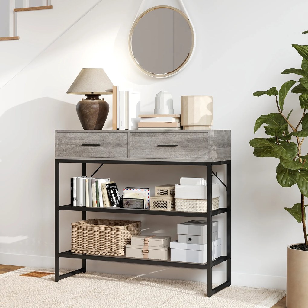 HOMCOM Console Table with 2 Drawers and 2 Mesh Shelves, Hallway Table with Metal Frame for Living Room, Entryway, Light Grey Wood Effect | Aosom Romania