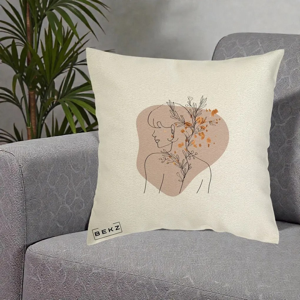 Perna Decorativa Femeie cu Flori Line Art Boho, 40x40 cm, Ecru, Husa Detasabila, Perna Inclusa, BEKZ®