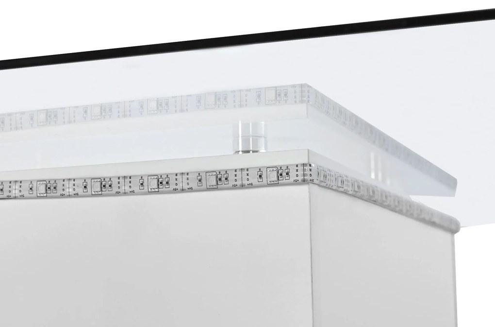 Măsuță de cafea modernă din sticlă lucioasă cu bandă LED reglabilă și roți pivotante, 80×80×40 cm, Alb+Negru