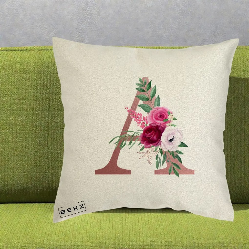 Cadou Personalizat - Perna Personalizata Monograma Rose Gold Litera A, 40x40 cm, Ecru, Husa Detasabila, Perna Inclusa, BEKZ®