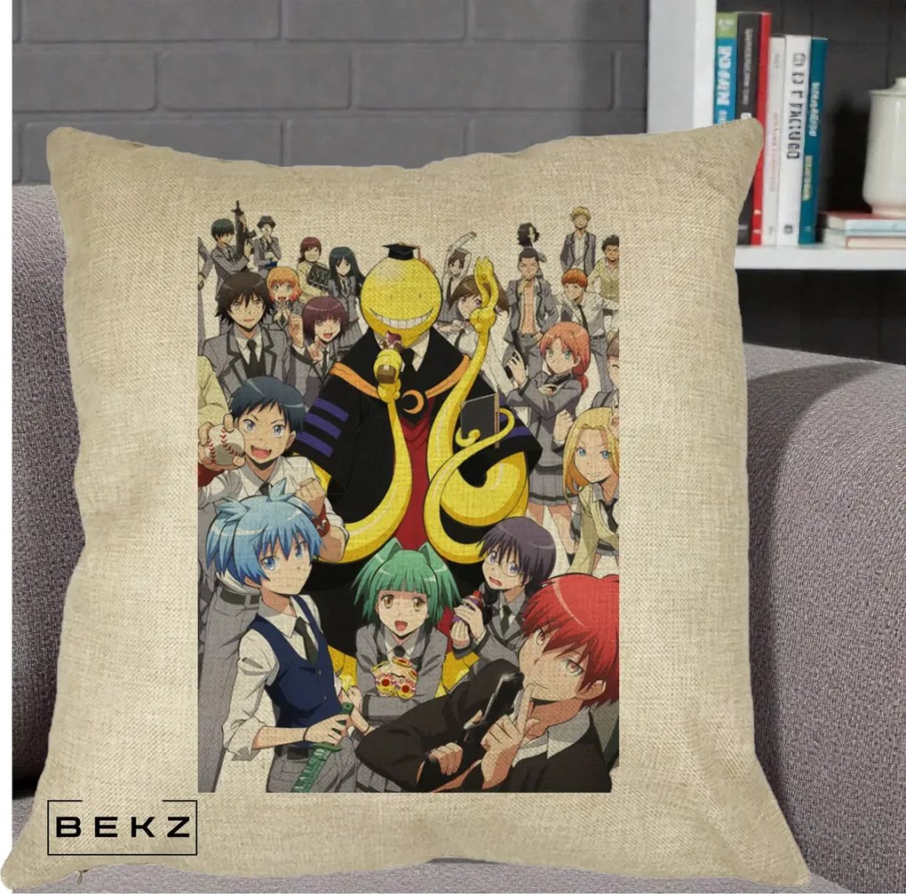 Perna Personalizata Assassination Classroom Grup Complet Anime, 40x40 cm, Crem, Husa Detasabila, Perna Inclusa, BEKZ®