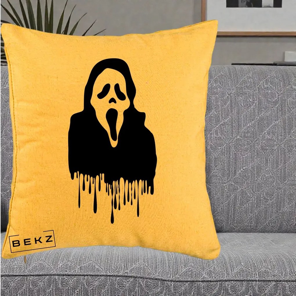 Perna Personalizata Halloween Ghostface Scream Picurand, 40x40 cm, Galben, Husa Detasabila, Perna Inclusa, BEKZ®
