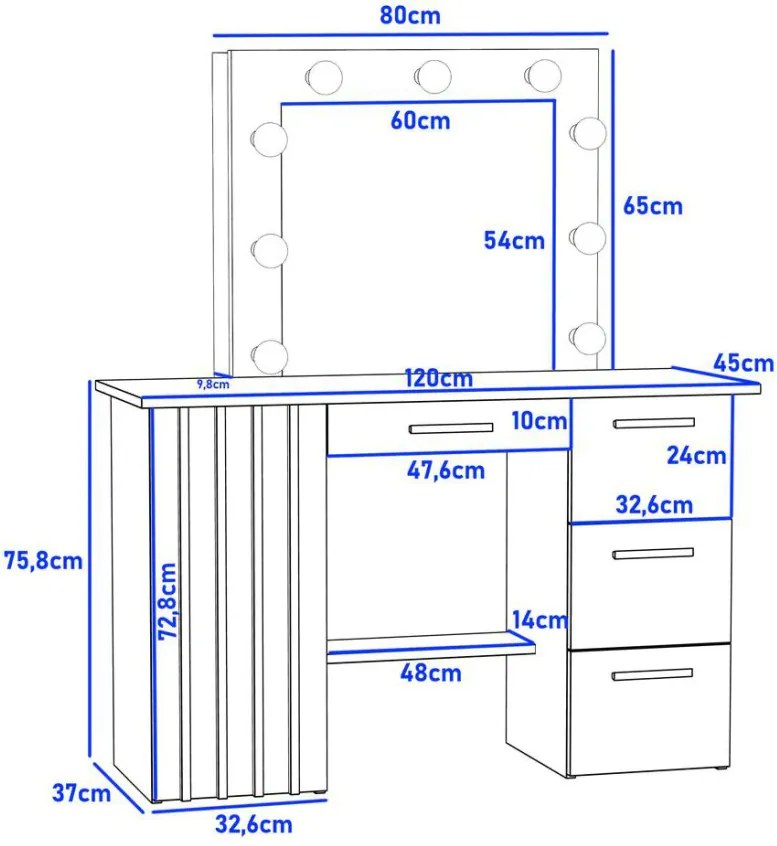 Masuta machiaj culoarea Stejar, cu Oglinda LED si 4 Sertare pentru Cosmetice, Set Masa toaleta 120 cm, Stejar, masuta vanity cu Riflaj, cosmetica -