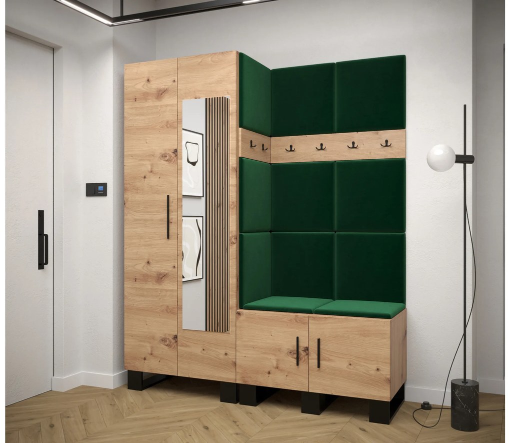 Set mobilier pentru hol Amanda 14 (Stejar artisan + verde). 1085980