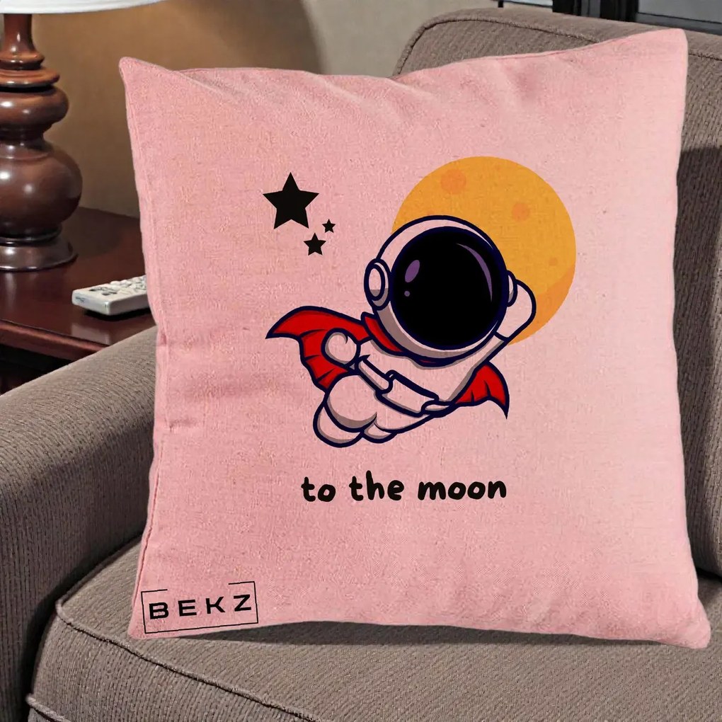 Perna Decorativa Astronaut To The Moon, 40x40 cm, Roz, Husa Detasabila, Perna Inclusa, BEKZ®