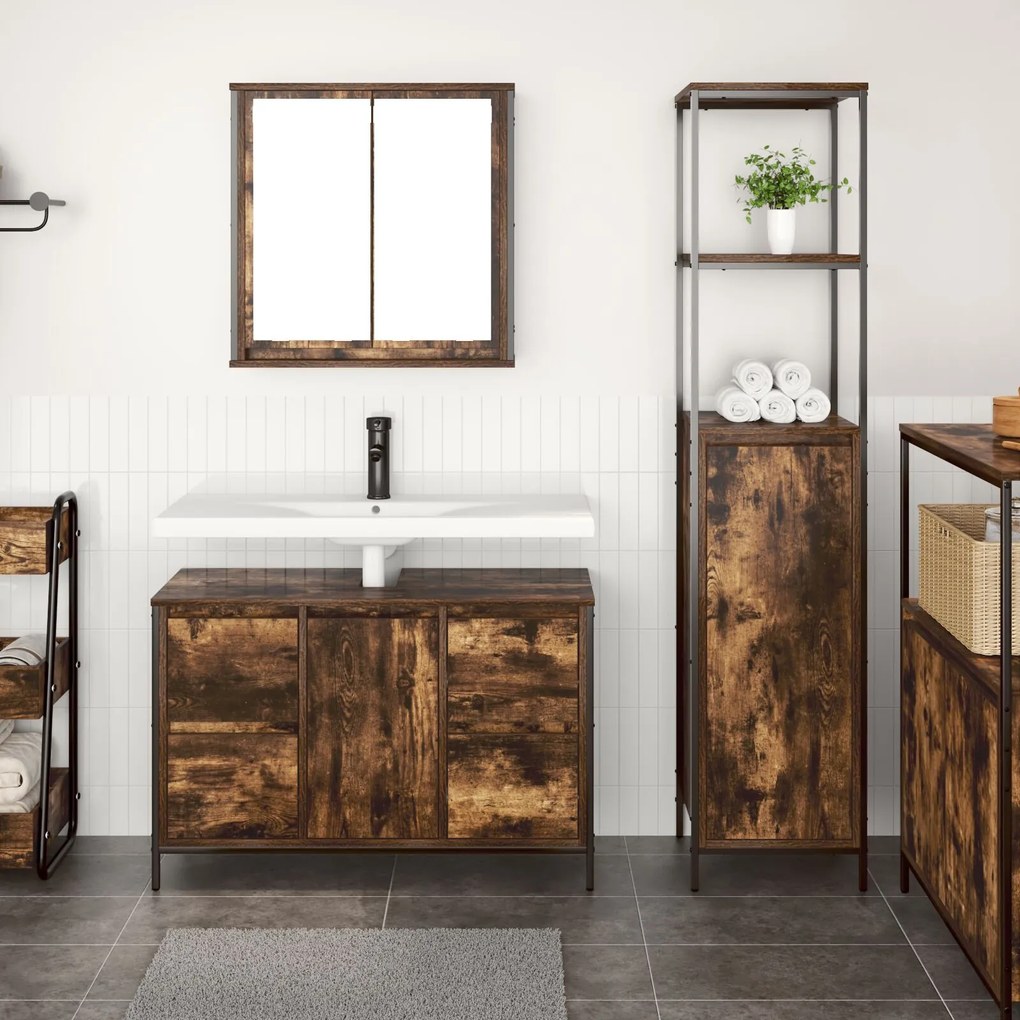 vidaXL Set de mobilier pentru baie cu ușă 2 pcs Stejar afumat și Negru