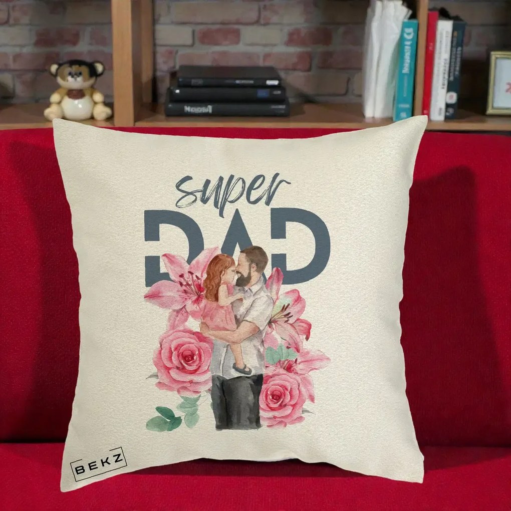 Cadou pentru Tata - Perna Personalizata Super Dad Tata cu Fetita si Flori, 40x40 cm, Ecru, Husa Detasabila, Perna Inclusa, BEKZ®