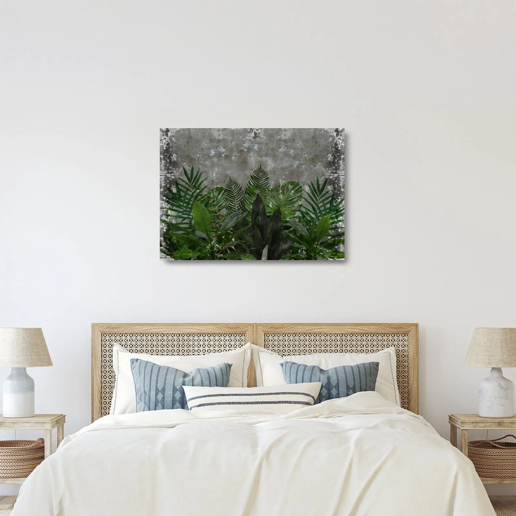 Tablou pe sticlă - Zid de beton cu plante (70x50 cm)