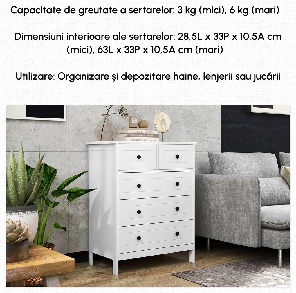 HOMCOM Comoda cu Sertare, Unitate de Organizare si Depozitare cu 5 Sertare, cu Manere, pentru Dormitor, Camera de Zi, Alb