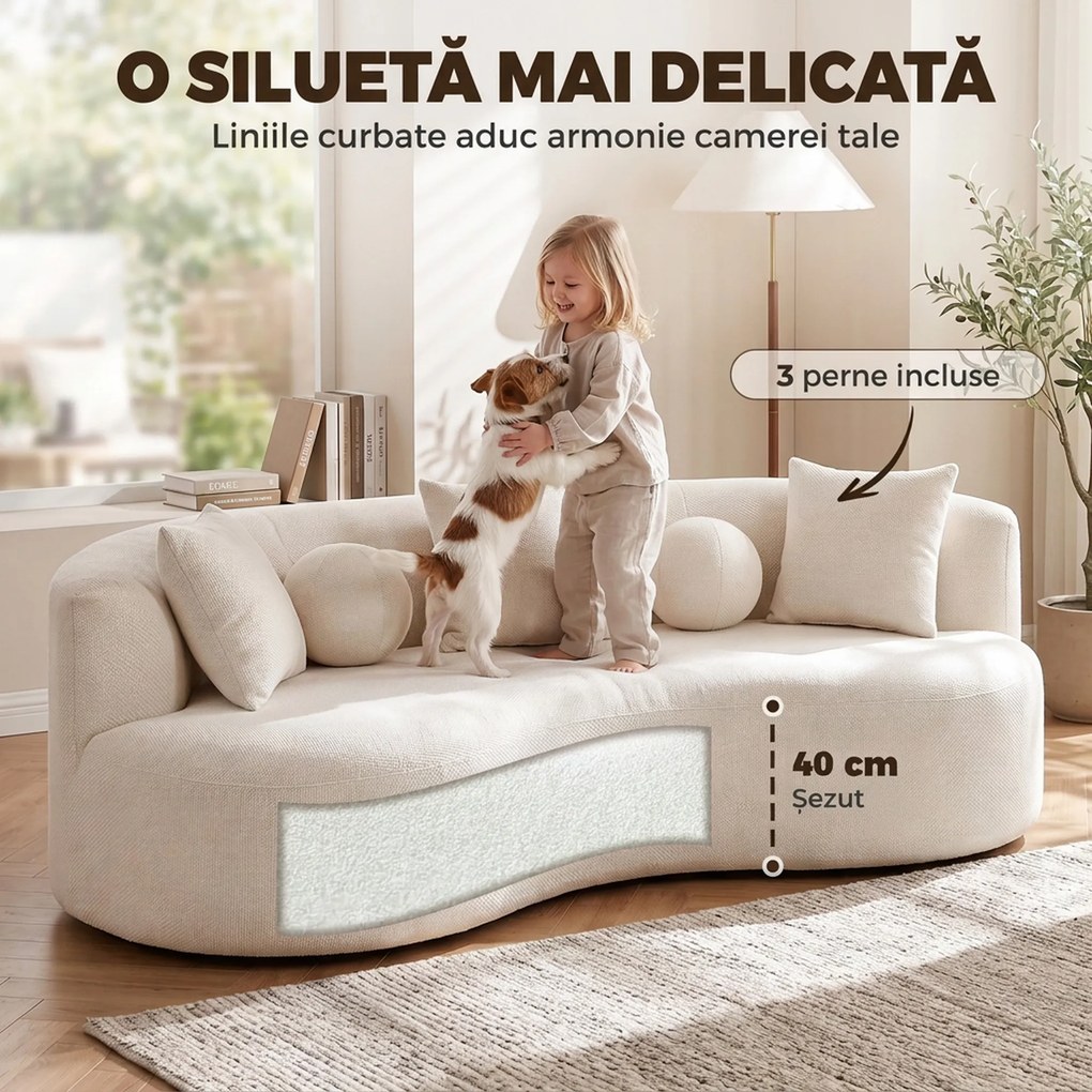 HOMCOM Canapea 3 locuri fără cadru, cu șezut amplu și adânc, spătar curbat, 2 perne, chenille, crem | Aosom Romania