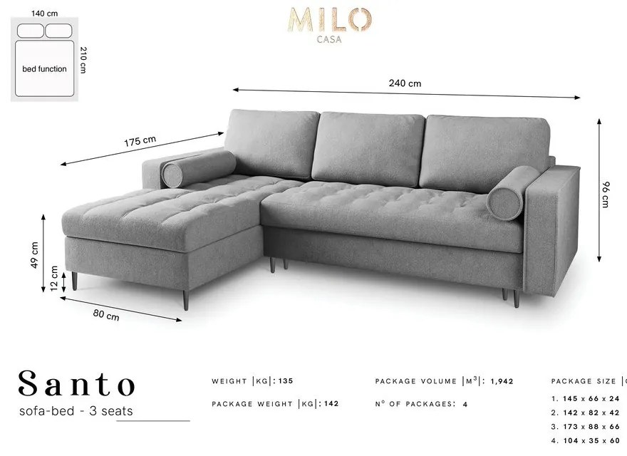 Canapea extensibilă cu șezlong stânga Milo Casa Santo, gri închis