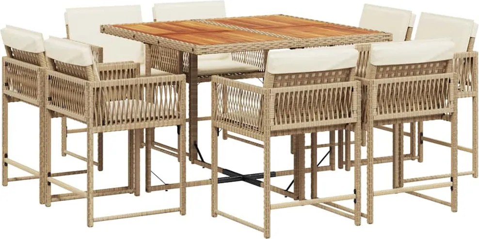 vidaXL Set de masă pentru grădină, 9 piese, cu perne, bej, poliratan