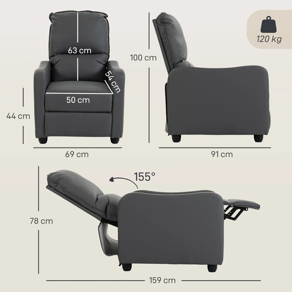 HOMCOM Fotoliu Relax Reclinabil Manual 155° cu Suport pentru Picioare, din Piele Ecologică PU, pentru Living și Dormitor, Gri Închis | Aosom Romania