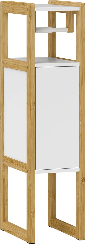 HOMCOM Mobilier de Baie cu Suport pentru Hârtie Igienică, Dulap și Raft, Dulap Compact din Bambus, 20x33x80 cm, Alb | Aosom Romania