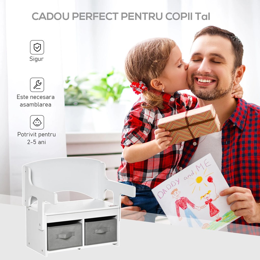 HOMCOM banca pentru copii 2 in 1, 60x43x57cm, alba | AOSOM RO