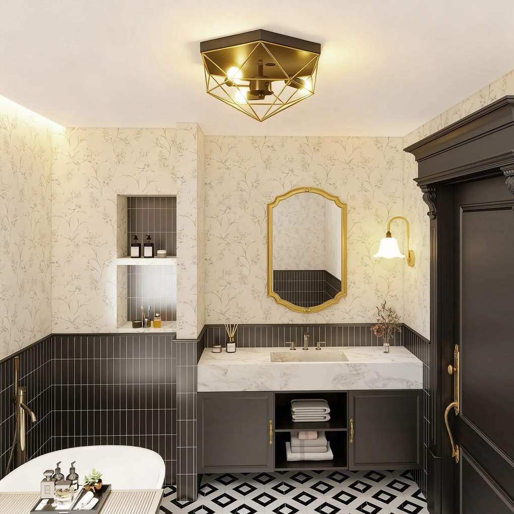 HOMCOM Lampă de Tavan Stil Industrial Geometrică cu 3 Suporturi E27 pentru Becuri LED, Negru și Auriu | Aosom Romania