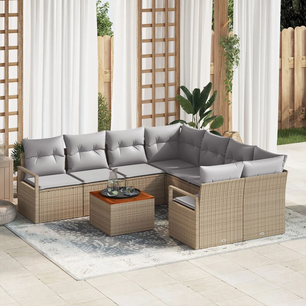 vidaXL Set canapea grădină 9 piese cu perne, bej, ratan sintetic, lemn de acacia