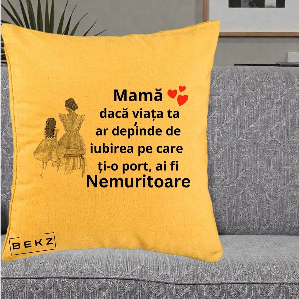 Cadou pentru Mama - Perna Personalizata Mama Nemuritoare Line Art, 40x40 cm, Galben, Husa Detasabila, Perna Inclusa, BEKZ®