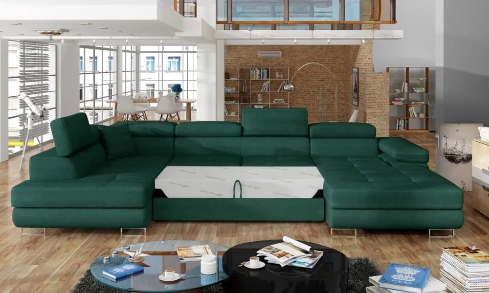 Colțar verde extensibil/cu spațiu de depozitare cu tapițerie din catifea (cu colț pe partea stângă/în formă de "U") Rodrigo – ELTAP