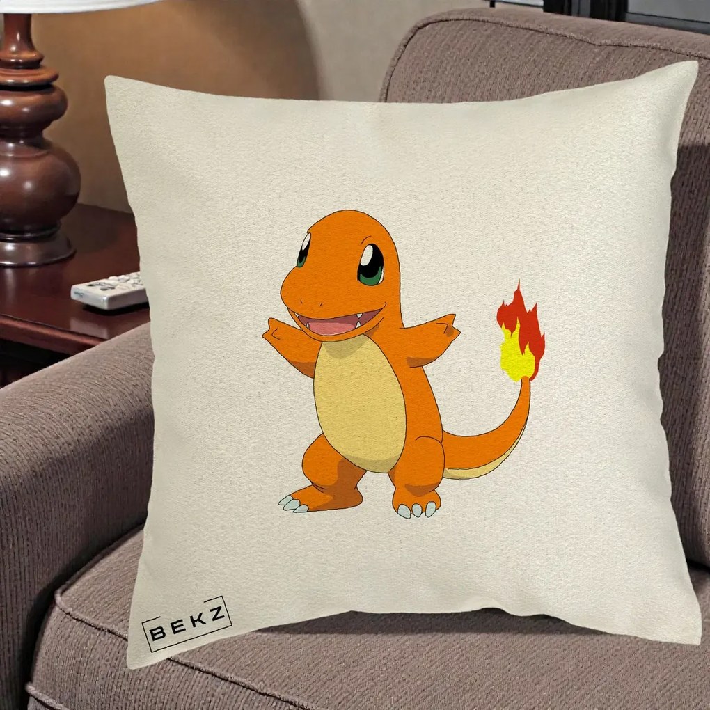 Perna Personalizata Charmander Pokemon, 40x40 cm, Ecru, Husa Detasabila, Perna Inclusa, BEKZ®