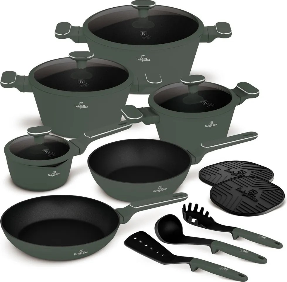 Set oale si tigai cu capace, 15 piese Green Matt Berlinger Haus BH 8208N, verde mat, antiaderente cu titan, inductie