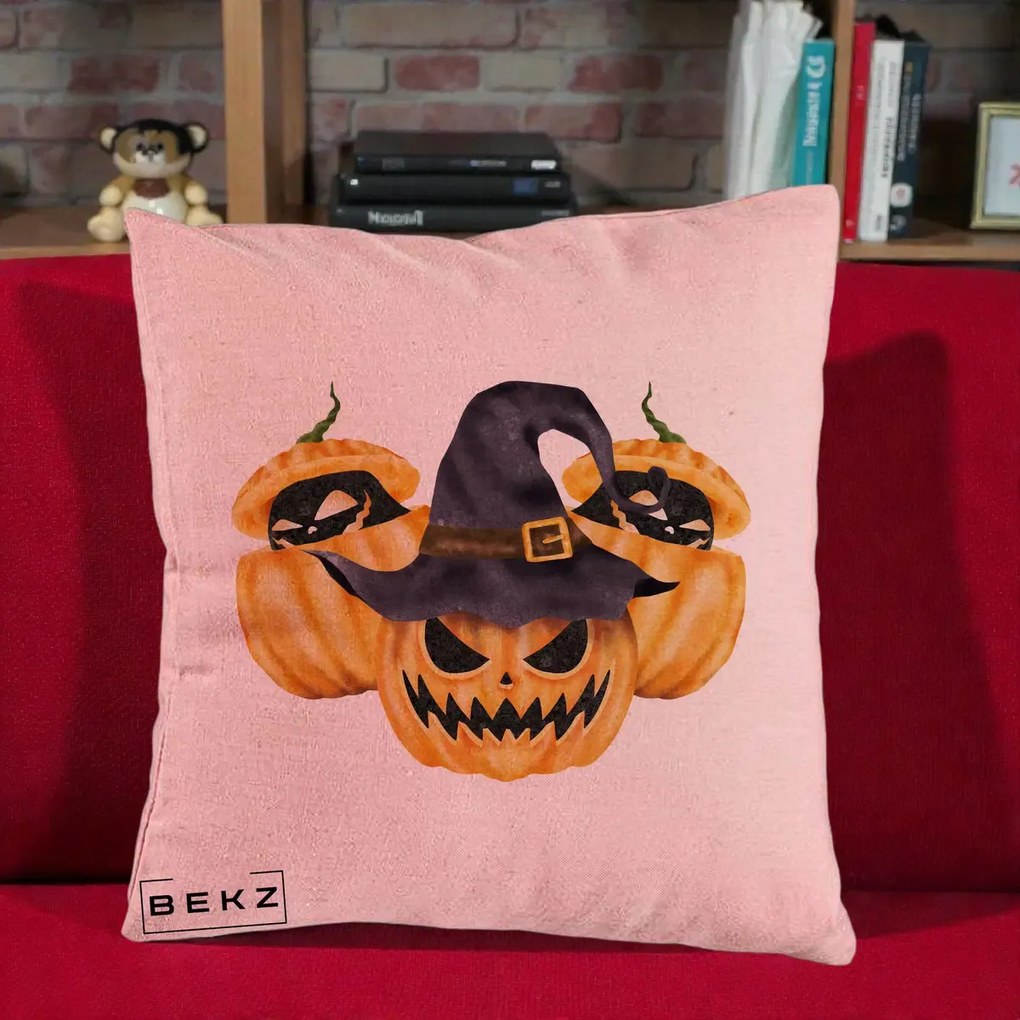 Perna Decorativa Trio Dovleci Jack-o-Lantern cu Palarie Vrajitoare, 40x40 cm, Roz, Husa Detasabila, Perna Inclusa, BEKZ®