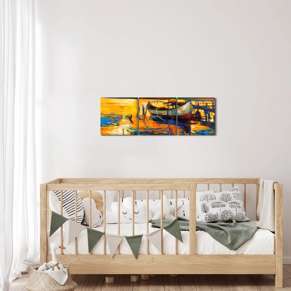 Tablou - Barca la apus de soare (cu ceas) (90x30 cm)