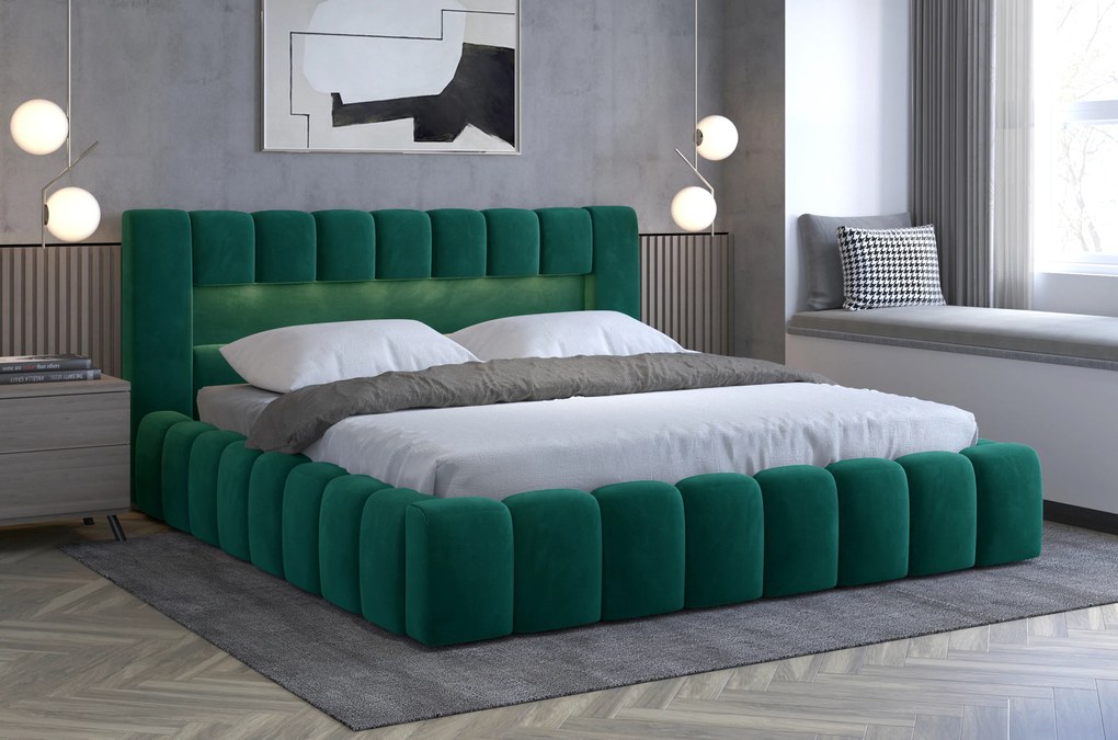 Pat matrimonial 180 cm Luxa (verde închis) (cu somieră, sp. depozitare și LED). 1041571
