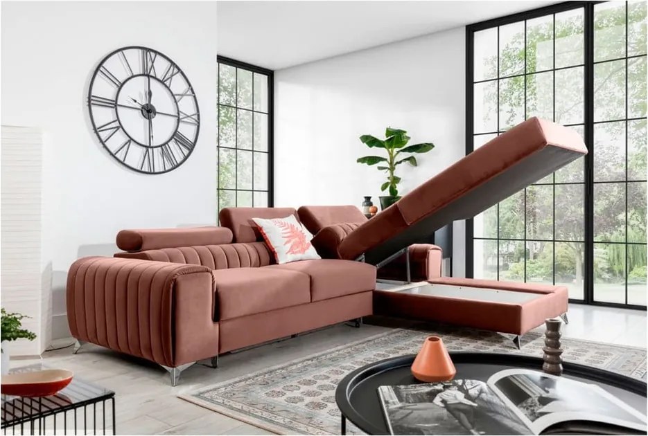 Colțar roz extensibil/cu spațiu de depozitare cu tapițerie din catifea (cu colț pe partea dreaptă/cu șezlong) Grayson – ELTAP