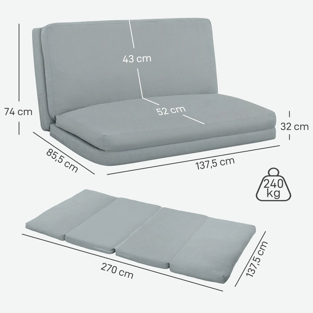 HOMCOM Canapea paresseux șezlong extensibil pliabil în 4 părți, greutate 240 Kg, 137,5 x 85,5 x 74 cm, gri deschis | Aosom Romania