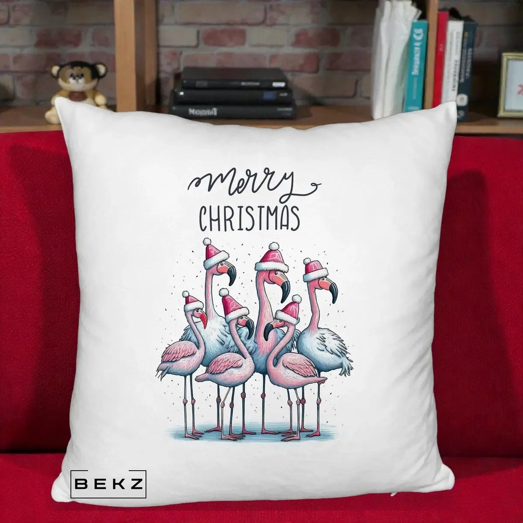 Perna Decorativa Flamingo Merry Christmas, 40x40 cm, Alb Pufos, Husa Detasabila, Perna Inclusa, BEKZ®